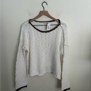 Zenana Outfitters White Sweater with Brown Trim Cotton Chic Cottage Large NWT